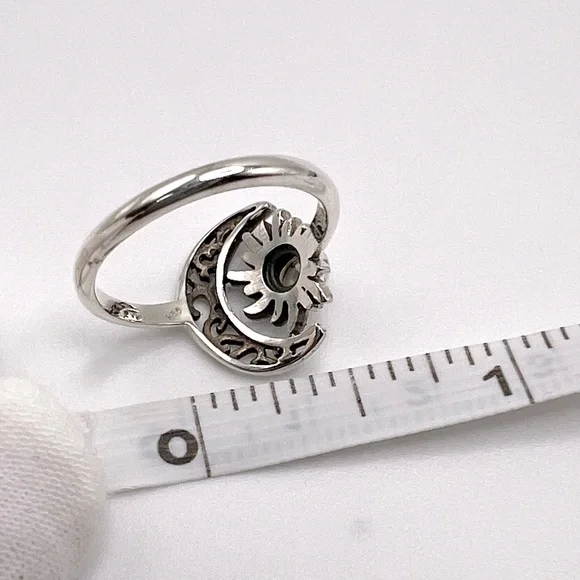 Genuine Rainbow Moonstone .825 Sterling Silver Filigree Crescent Moon & Sun Ring - Picture 17 of 17